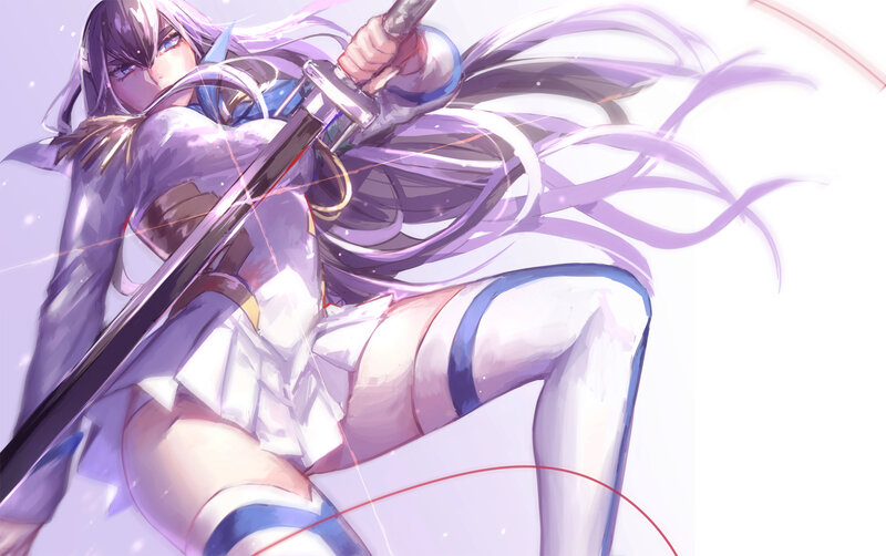Anime Girl with Sword — Purple, Dynamic, Long Hair, Skirt