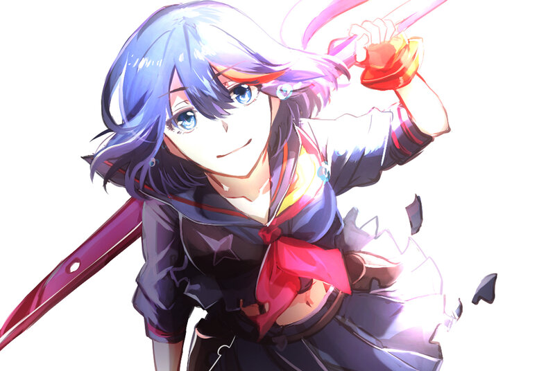 Anime Girl with Sword — Purple, Dynamic, School Uniform, Blue Hair