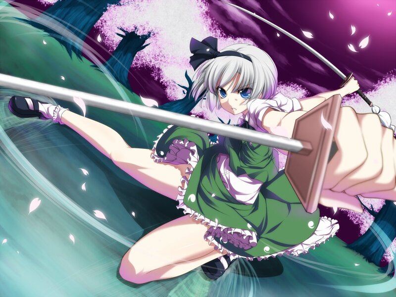 Anime Girl with Sword — Purple, Dynamic, Spring, Cherry Blossoms