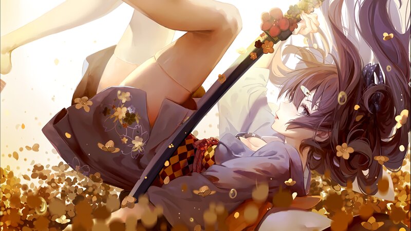 Anime Girl with Sword — Purple, Serene, Autumn, Digital Art