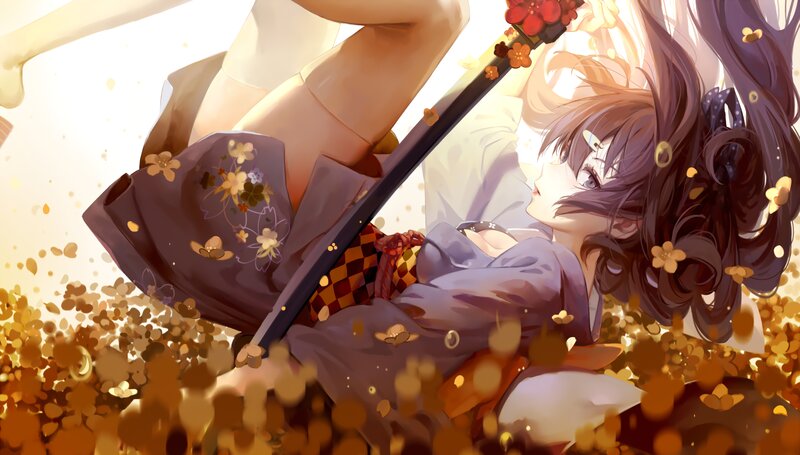 Anime Girl with Sword — Purple, Serene, Autumn