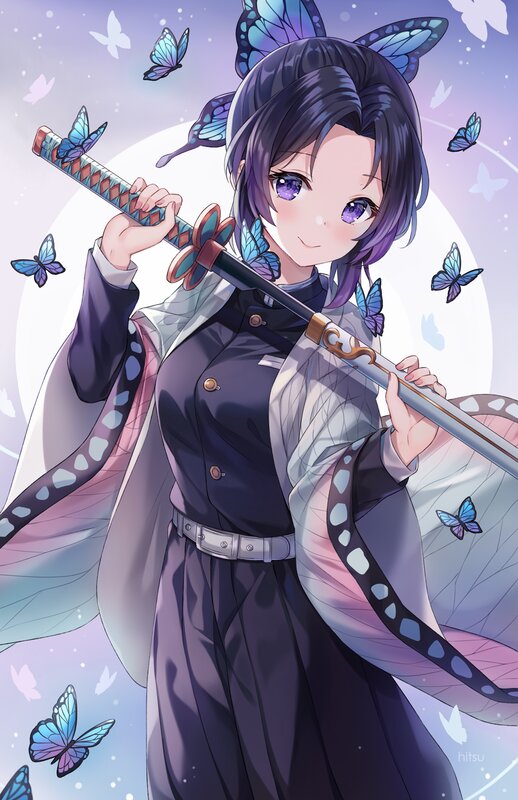 Anime Girl with Sword — Purple, Serene, Night, Butterflies