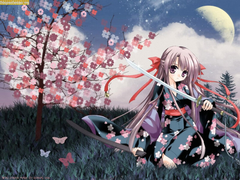 Anime Girl with Sword — Purple, Serene, Night, Cherry Blossom Tree