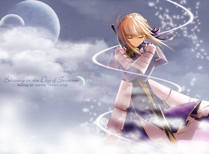 Anime Girl with Sword — Purple, Serene, Night, Clouds
