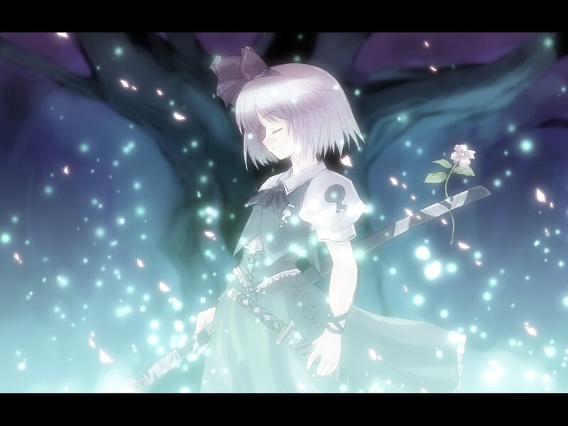 Anime Girl with Sword — Purple, Serene, Night, Flower