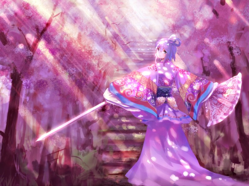 Anime Girl with Sword — Purple, Serene, Spring, Digital Art, Cherry Blossoms
