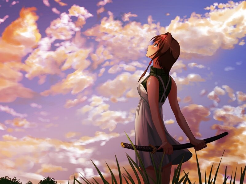 Anime Girl with Sword — Purple, Serene, Sunset, Clouds