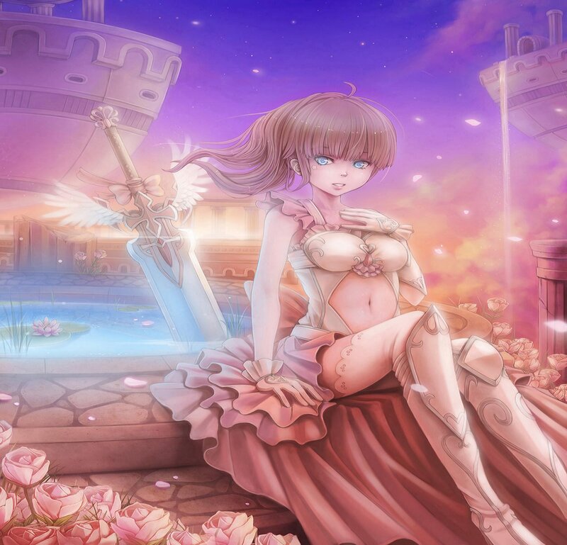 Anime Girl with Sword — Purple, Serene, Sunset, Digital Art