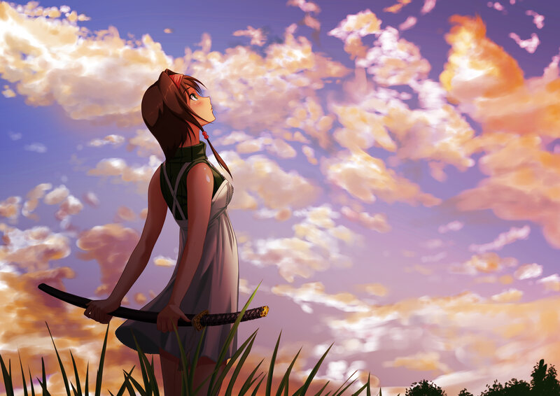 Anime Girl with Sword — Purple, Serene, Sunset