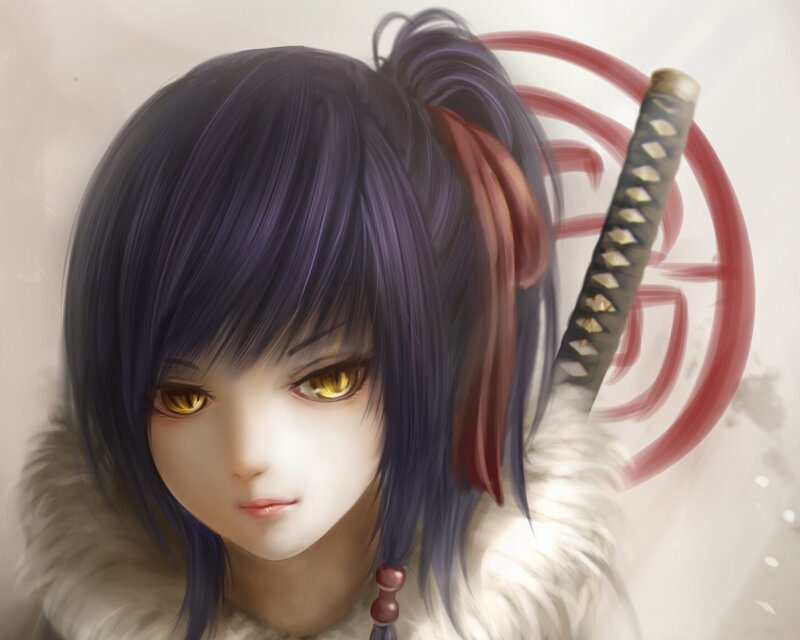 Anime Girl with Sword — Purple, Serious