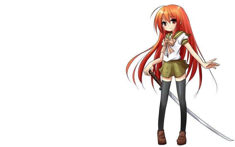 Anime Girl with Sword — Red, Calm, School Uniform, Long Hair