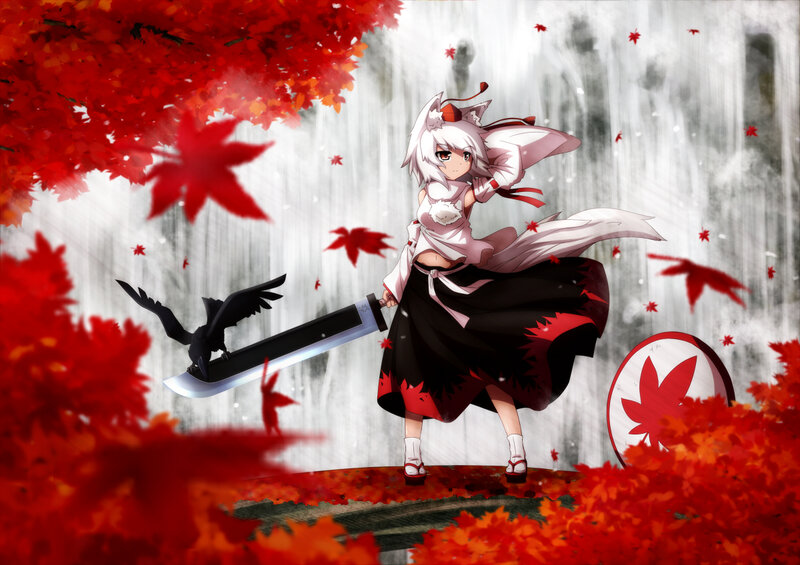 Anime Girl with Sword — Red, Dramatic, Autumn, Digital Art, Crow