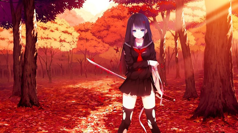Anime Girl with Sword — Red, Dramatic, Autumn, Digital Art, Forest