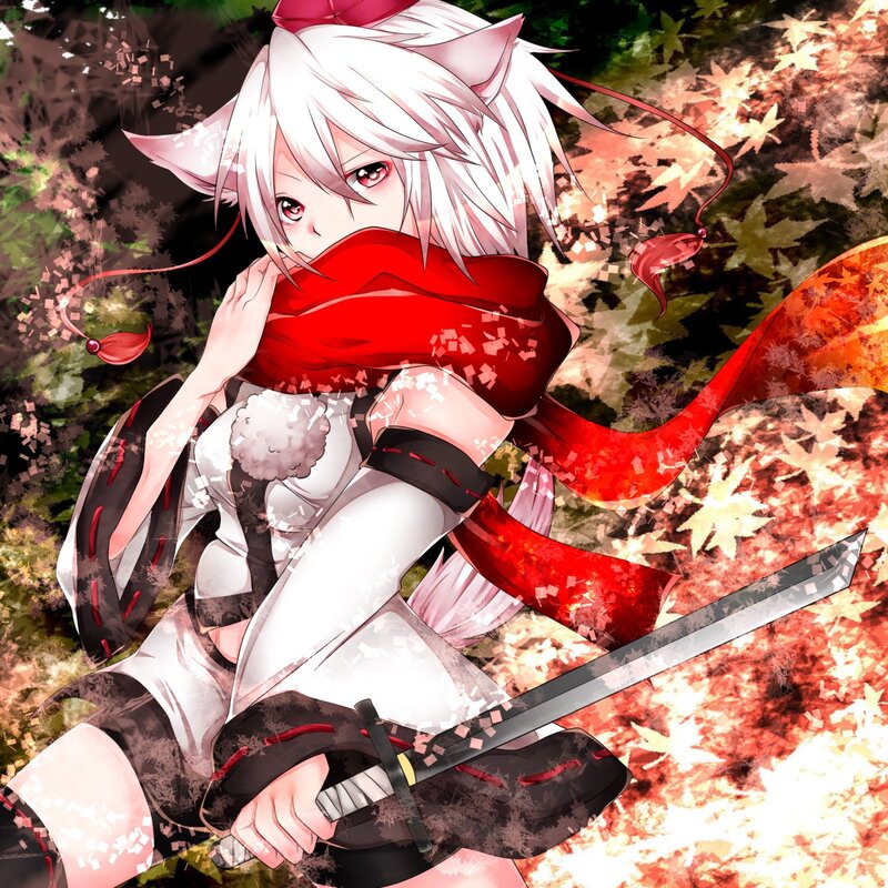 Anime Girl with Sword — Red, Dramatic, Autumn, Digital Art, Scarf, Cat Ears