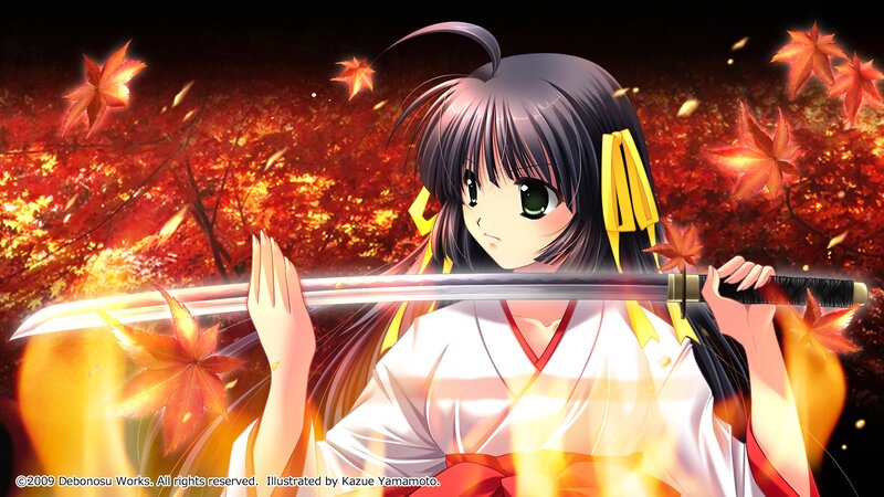 Anime Girl with Sword — Red, Dramatic, Autumn, Fallen Leaves