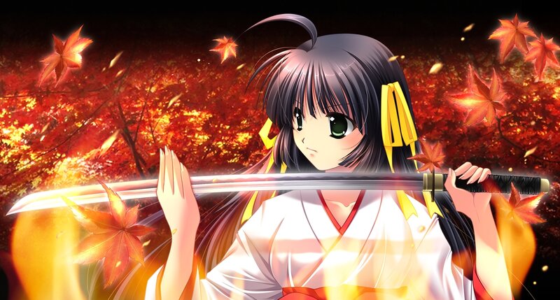 Anime Girl with Sword — Red, Dramatic, Autumn, Falling Leaves