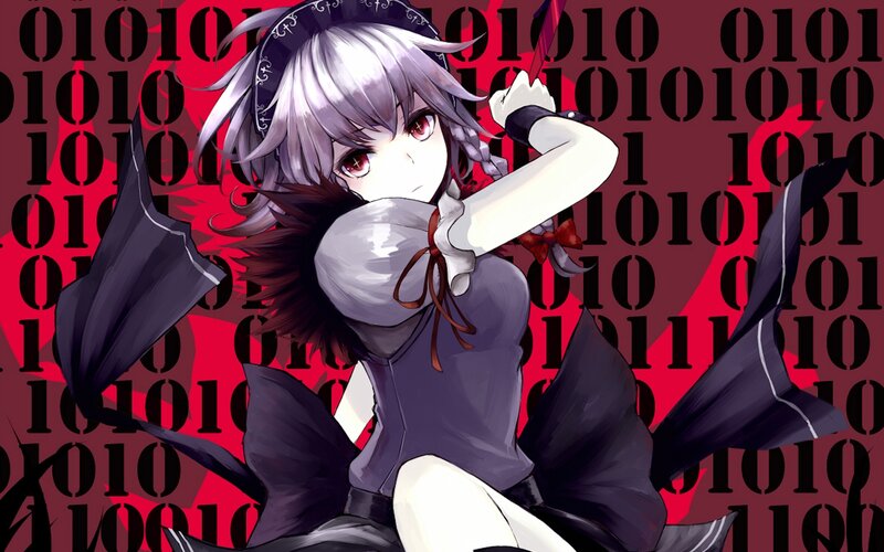 Anime Girl with Sword — Red, Dramatic, Binary Code