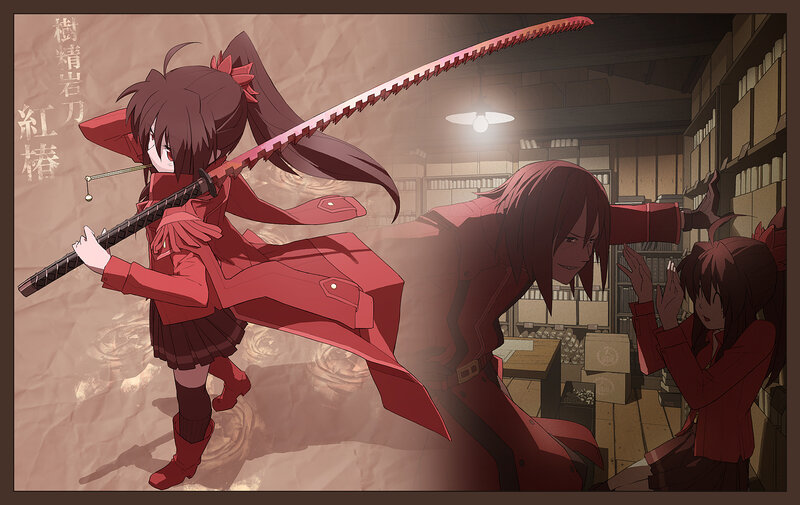 Anime Girl with Sword — Red, Dramatic, Bookshelf