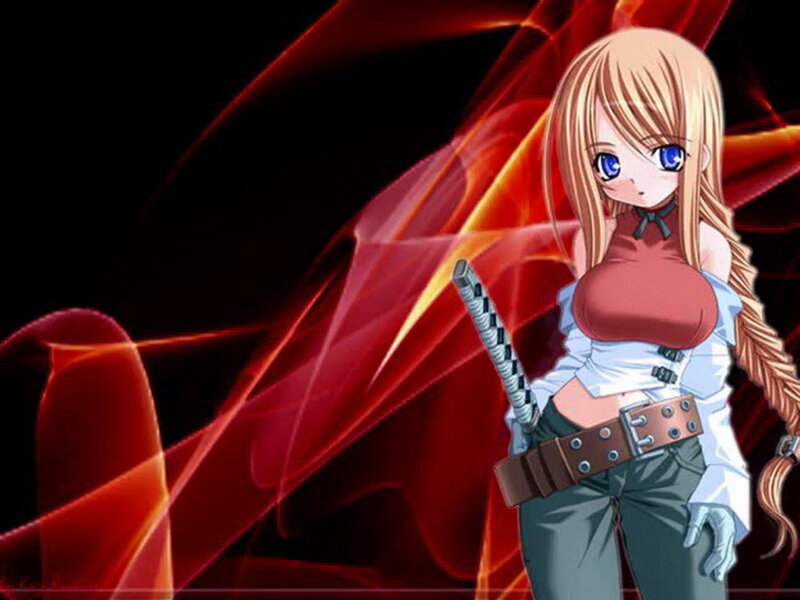 Anime Girl with Sword — Red, Dramatic, Braided Hair