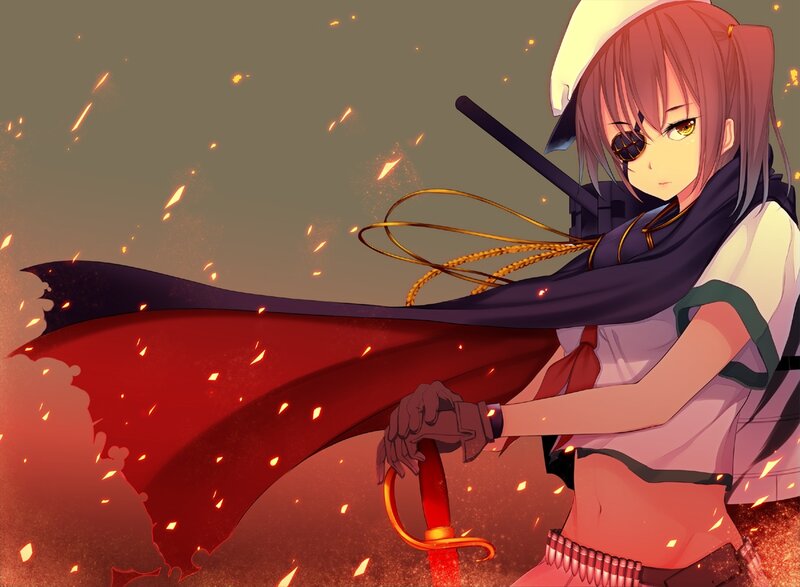 Anime Girl with Sword — Red, Dramatic, Cape, Eyepatch