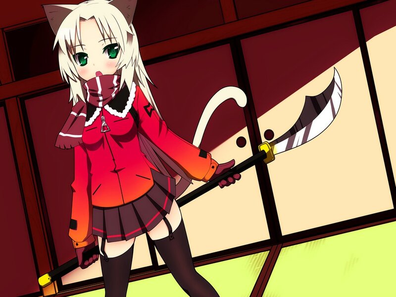 Anime Girl with Sword — Red, Dramatic, Cat Ears
