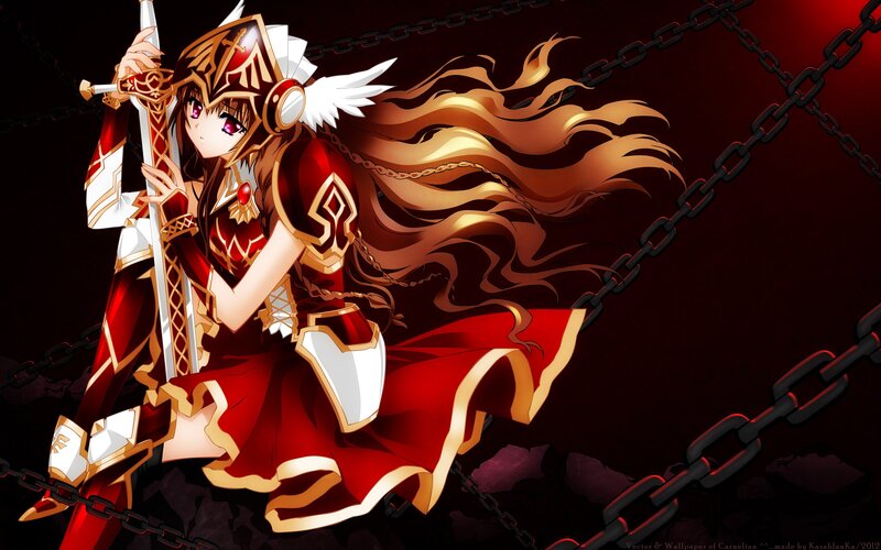 Anime Girl with Sword — Red, Dramatic, Chains, Long Hair
