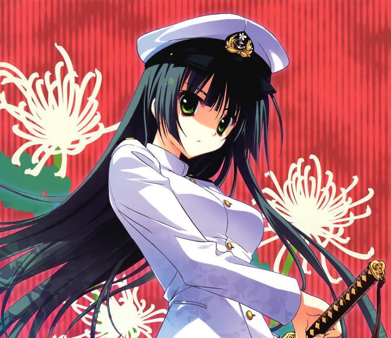 Anime Girl with Sword — Red, Dramatic, Chrysanthemum