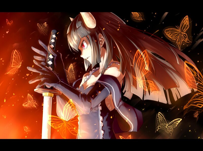Anime Girl with Sword — Red, Dramatic, Digital Art, Butterflies