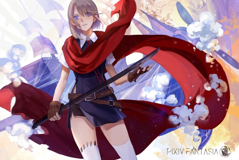 Anime Girl with Sword — Red, Dramatic, Digital Art, Cape