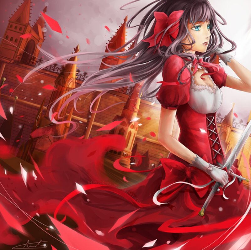 Anime Girl with Sword — Red, Dramatic, Digital Art, Castle