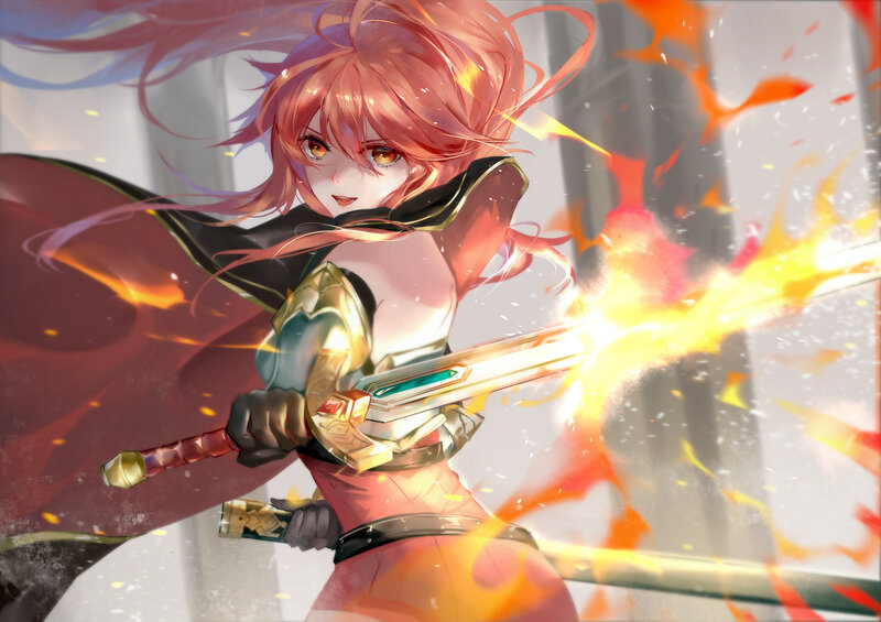 Anime Girl with Sword — Red, Dramatic, Digital Art, Fire, Cape