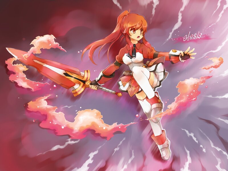Anime Girl with Sword — Red, Dramatic, Digital Art, Fire