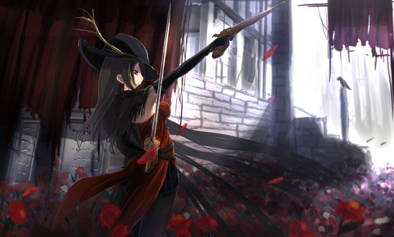 Anime Girl with Sword — Red, Dramatic, Digital Art, Flowers, Crows