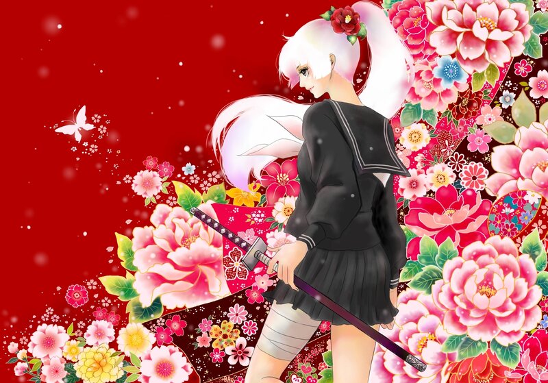 Anime Girl with Sword — Red, Dramatic, Digital Art, Flowers