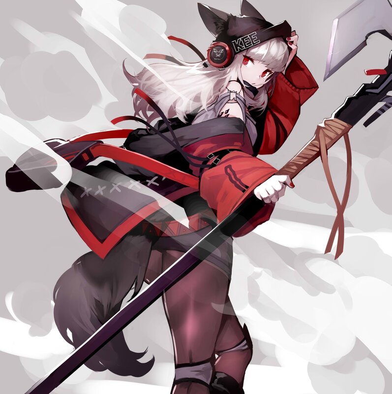 Anime Girl with Sword — Red, Dramatic, Digital Art, Headphones