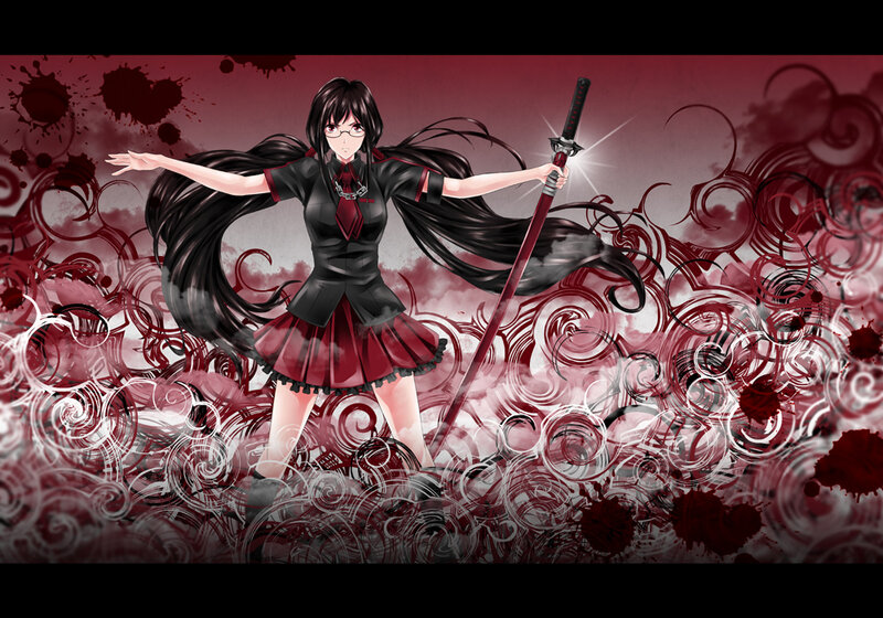 Anime Girl with Sword — Red, Dramatic, Digital Art, Skirt
