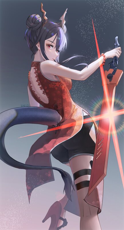 Anime Girl with Sword — Red, Dramatic, Digital Art, Tail