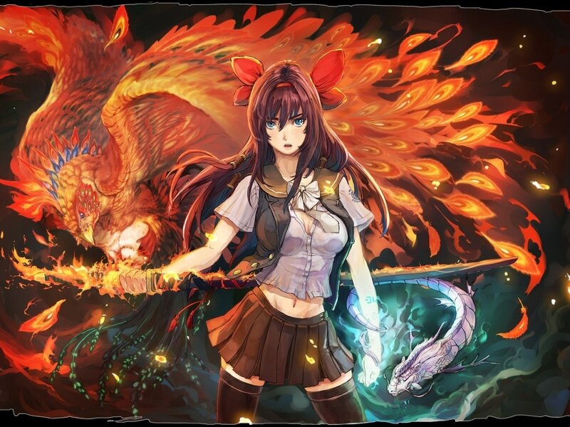 Anime Girl with Sword — Red, Dramatic, Digital Art