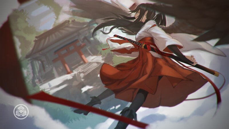 Anime Girl with Sword — Red, Dramatic, Digital Art, Torii Gate