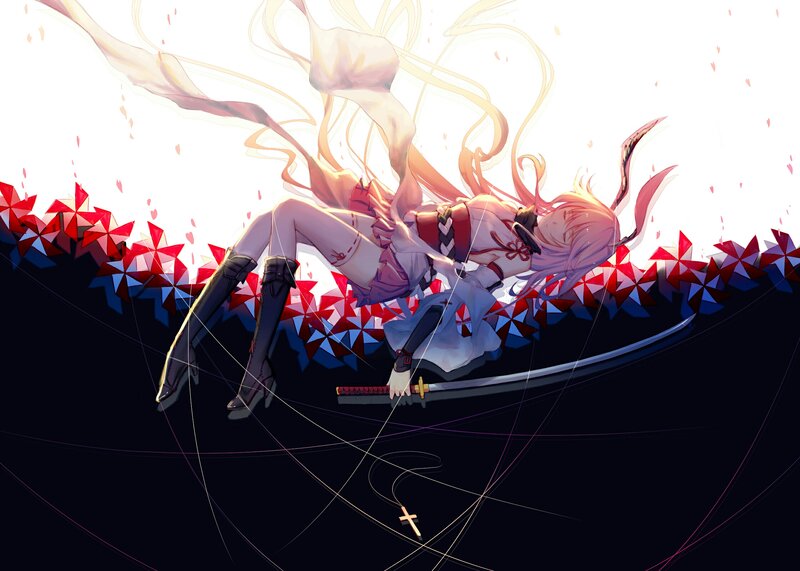 Anime Girl with Sword — Red, Dramatic, Digital Art, Windmills