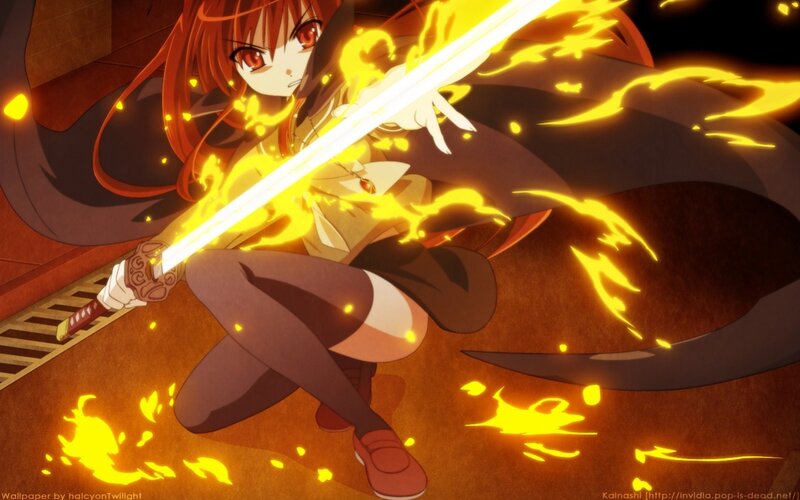 Anime Girl with Sword — Red, Dramatic, Fire, Cloak