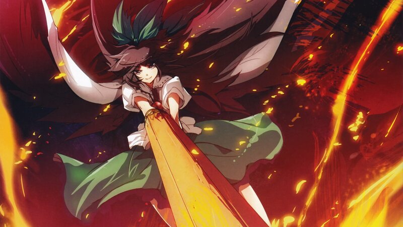 Anime Girl with Sword — Red, Dramatic, Fire, Flames, Orange, Green