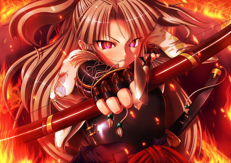 Anime Girl with Sword — Red, Dramatic, Fire, Long Hair