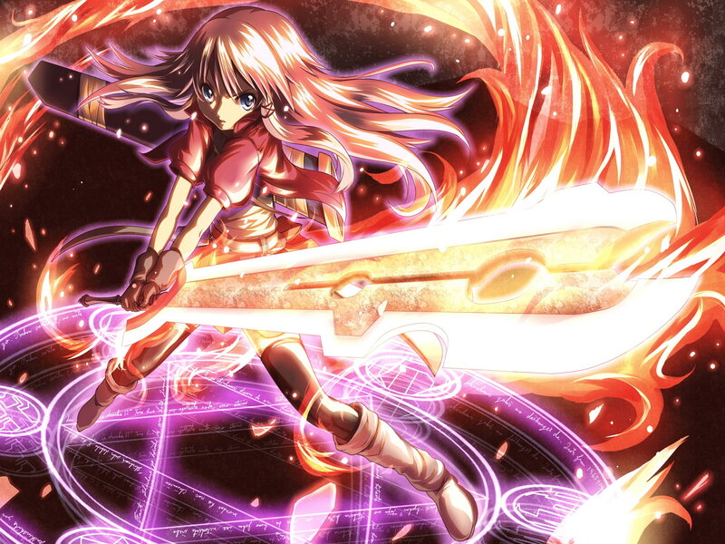 Anime Girl with Sword — Red, Dramatic, Fire, Magic Circle