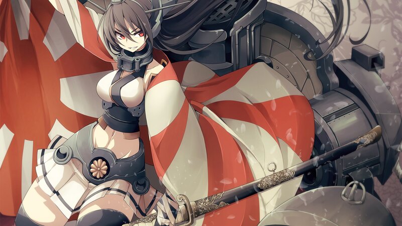 Anime Girl with Sword — Red, Dramatic, Flag, Mechanical Parts