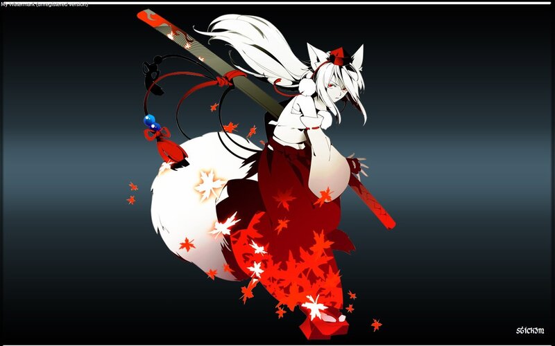 Anime Girl with Sword — Red, Dramatic, Fox Ears, Maple Leaves