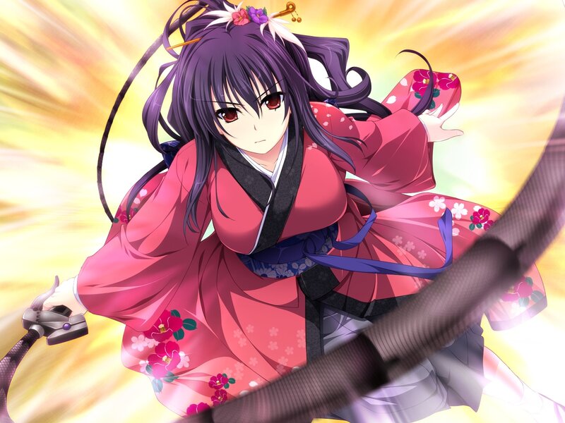 Anime Girl with Sword — Red, Dramatic, Kimono, Flowers