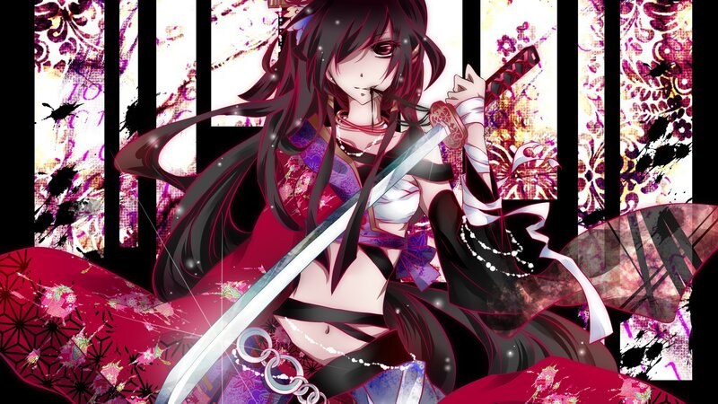 Anime Girl with Sword — Red, Dramatic, Kimono, Long Hair
