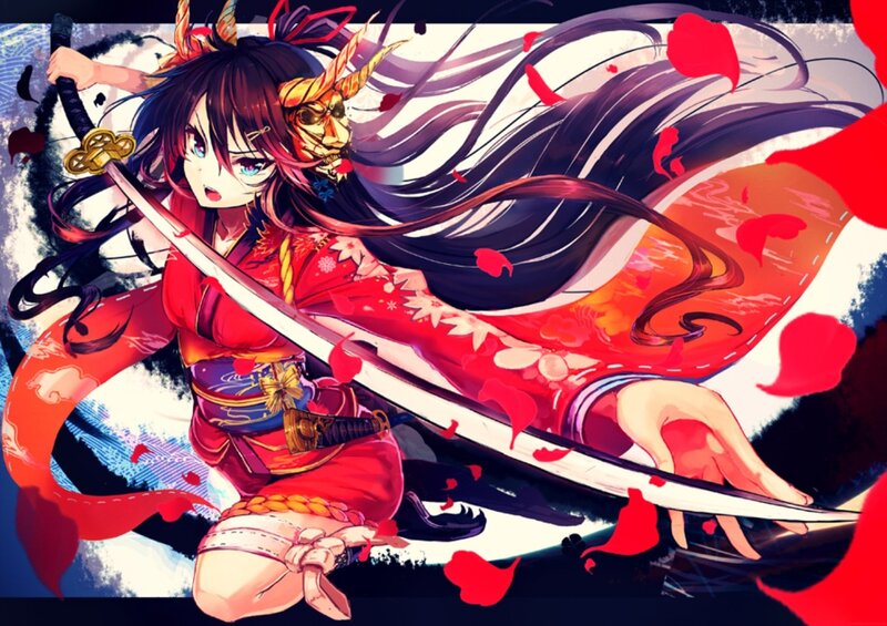 Anime Girl with Sword — Red, Dramatic, Kimono, Mask