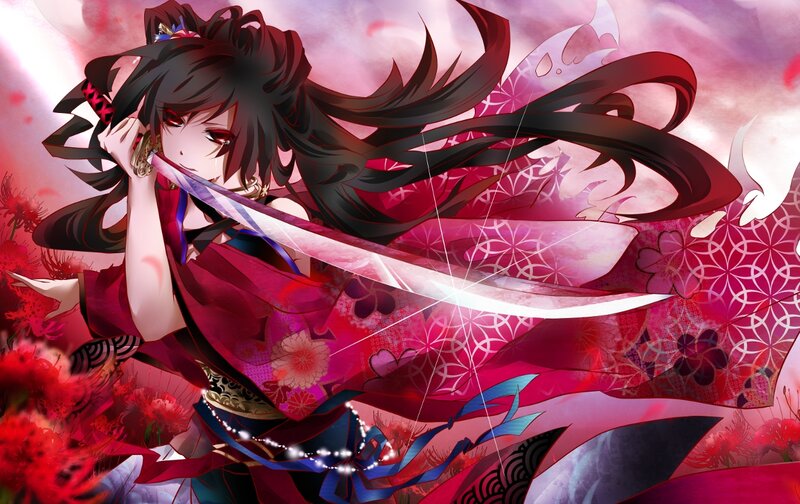 Anime Girl with Sword — Red, Dramatic, Kimono